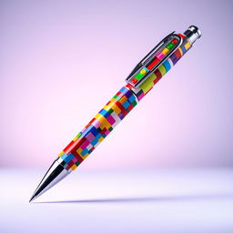 A colorful ballpoint pen created with various LEGO bricks, showcasing a mix of vibrant and random colors