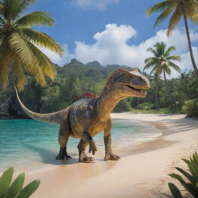 The serene island now teeming with a variety of colorful and majestic dinosaurs, coexisting peacefully. Dinosaurs of all sizes wander among the lush palms and along the pristine, sandy beach.