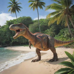 The serene island now teeming with a variety of colorful and majestic dinosaurs, coexisting peacefully. Dinosaurs of all sizes wander among the lush palms and along the pristine, sandy beach.