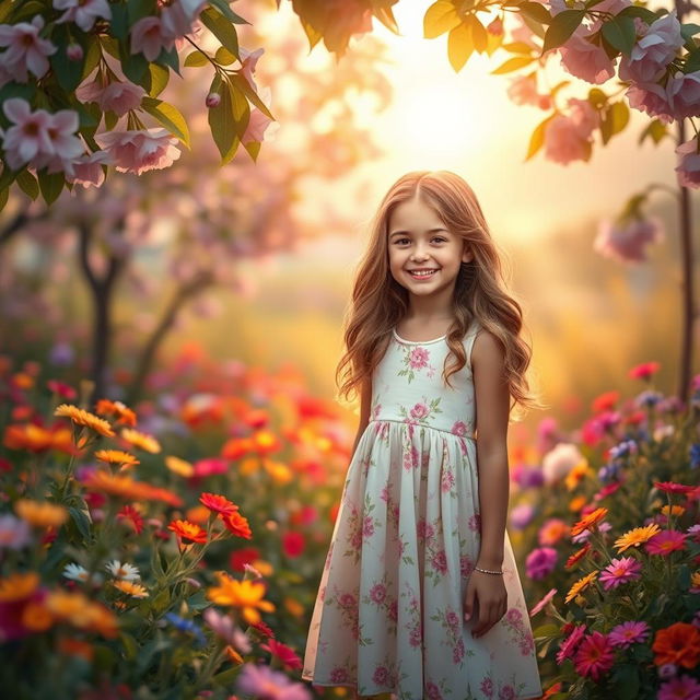 A whimsical spring morning scene featuring a 30-year-old girl standing in a vibrant, blooming garden