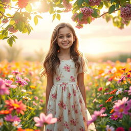 A whimsical spring morning scene featuring a 30-year-old girl standing in a vibrant, blooming garden