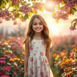 A whimsical spring morning scene featuring a 30-year-old girl standing in a vibrant, blooming garden