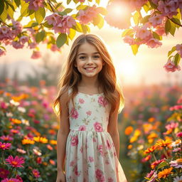 A whimsical spring morning scene featuring a 30-year-old girl standing in a vibrant, blooming garden