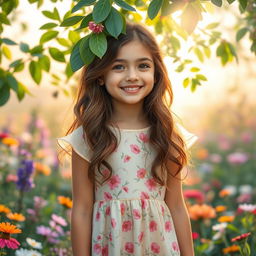 A whimsical spring morning scene featuring a 30-year-old girl standing in a vibrant, blooming garden