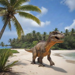 The serene island now teeming with a variety of colorful and majestic dinosaurs, coexisting peacefully. Dinosaurs of all sizes wander among the lush palms and along the pristine, sandy beach.