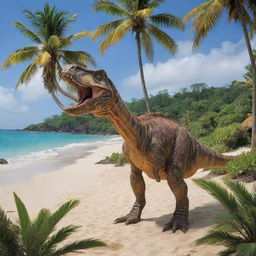 The serene island now teeming with a variety of colorful and majestic dinosaurs, coexisting peacefully. Dinosaurs of all sizes wander among the lush palms and along the pristine, sandy beach.