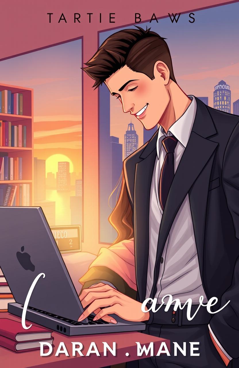 An illustration for a romance novel cover featuring a male CEO in a sharp suit, looking confident and handsome, standing in a modern office environment