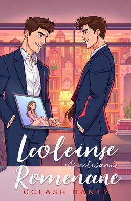 An illustration for a romance novel cover featuring a male CEO in a sharp suit, looking confident and handsome, standing in a modern office environment