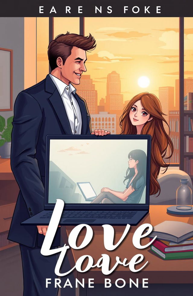 An illustration for a romance novel cover featuring a male CEO in a sharp suit, looking confident and handsome, standing in a modern office environment