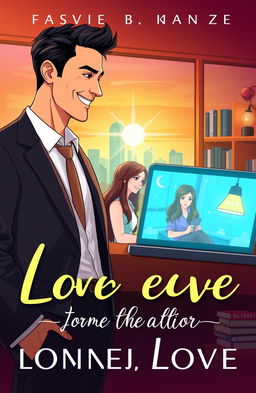 An illustration for a romance novel cover featuring a male CEO in a sharp suit, looking confident and handsome, standing in a modern office environment