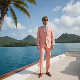 A flamboyant millionaire stepping off a luxurious yacht onto the dinosaur-inhabited island. Dressed in an elegant suit, he stands out against the wild and primitive backdrop.