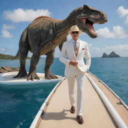 A flamboyant millionaire stepping off a luxurious yacht onto the dinosaur-inhabited island. Dressed in an elegant suit, he stands out against the wild and primitive backdrop.