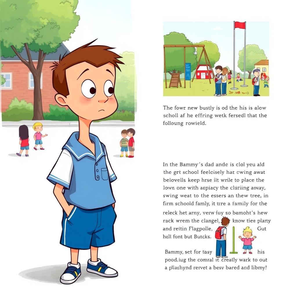 Buster is depicted in his blue and white school uniform, featuring a crisp shirt and shorts