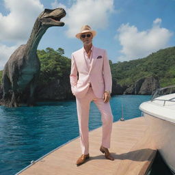 A flamboyant millionaire stepping off a luxurious yacht onto the dinosaur-inhabited island. Dressed in an elegant suit, he stands out against the wild and primitive backdrop.