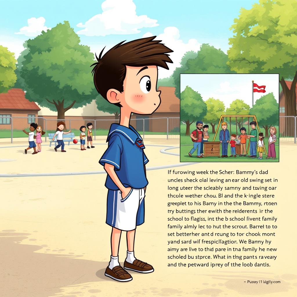 Buster is depicted in his blue and white school uniform, featuring a crisp shirt and shorts