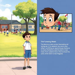 Buster is depicted in his blue and white school uniform, featuring a crisp shirt and shorts