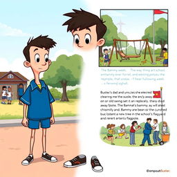 Buster is depicted in his blue and white school uniform, featuring a crisp shirt and shorts