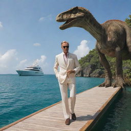 A flamboyant millionaire stepping off a luxurious yacht onto the dinosaur-inhabited island. Dressed in an elegant suit, he stands out against the wild and primitive backdrop.