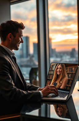 A romantic scene from a long-distance relationship novel, depicting a handsome CEO in a sleek, modern office, looking at his laptop with a fond smile as he chats online with his beautiful college student chatmate