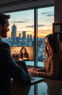 A romantic scene from a long-distance relationship novel, depicting a handsome CEO in a sleek, modern office, looking at his laptop with a fond smile as he chats online with his beautiful college student chatmate