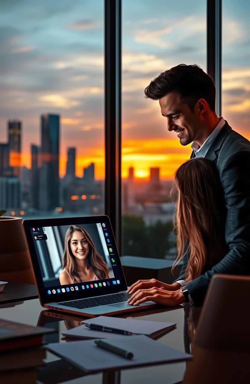 A romantic scene from a long-distance relationship novel, depicting a handsome CEO in a sleek, modern office, looking at his laptop with a fond smile as he chats online with his beautiful college student chatmate