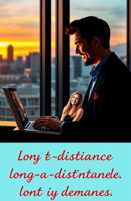 A romantic scene from a long-distance relationship novel, depicting a handsome CEO in a sleek, modern office, looking at his laptop with a fond smile as he chats online with his beautiful college student chatmate