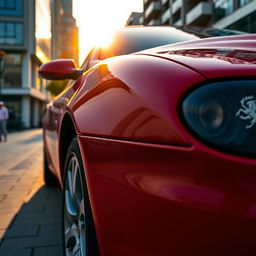 A close-up of a sleek and elegant Alfa Romeo 147, showcasing its distinctive Italian design with smooth lines and a shiny, polished red exterior