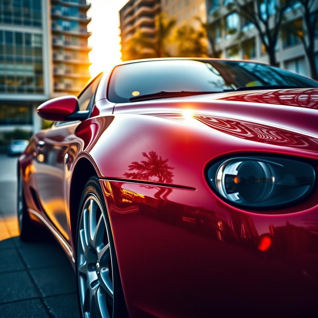 A close-up of a sleek and elegant Alfa Romeo 147, showcasing its distinctive Italian design with smooth lines and a shiny, polished red exterior