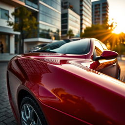 A close-up of a sleek and elegant Alfa Romeo 147, showcasing its distinctive Italian design with smooth lines and a shiny, polished red exterior