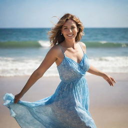 Illustrate a beautiful, confident transgender woman delightfully enjoying her time at a sunny beach, twirling her sun-dress as the ocean waves gently roll in the background.