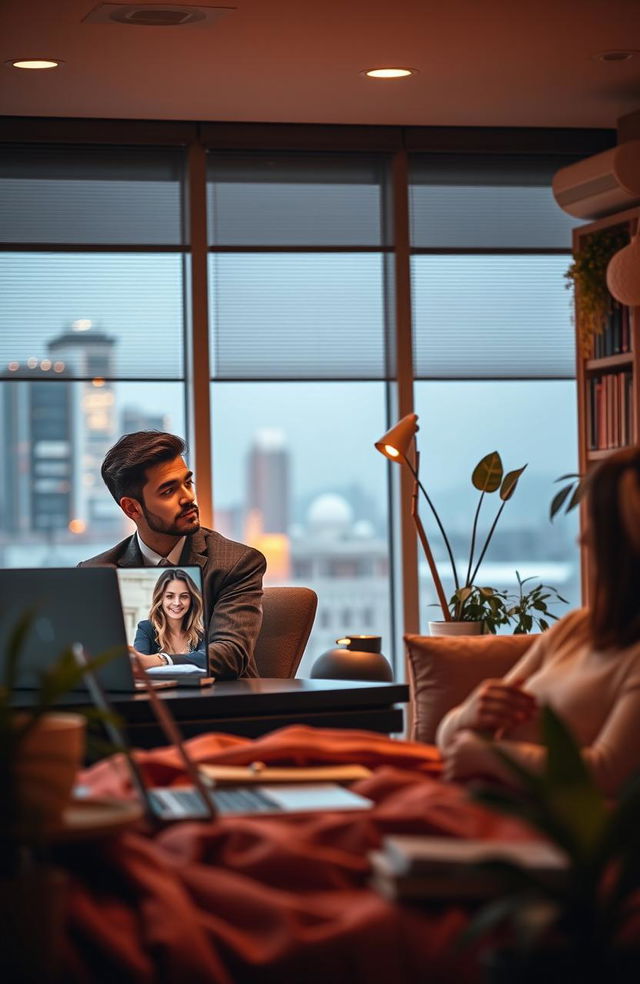 A romantic scene depicting a long-distance relationship between a handsome CEO and a stunning college student