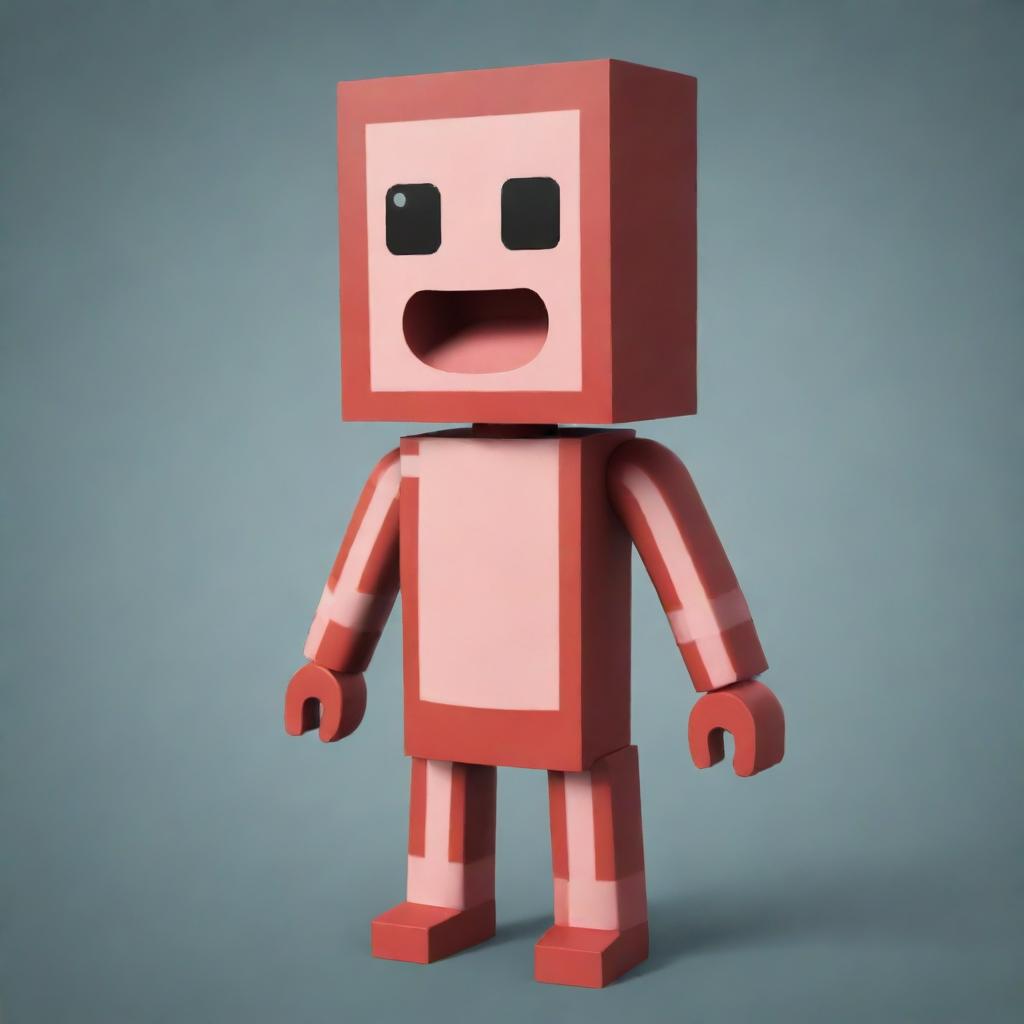 A 3D image of a Roblox character styled as bacon. The avatar has simplistic, block-like features prevalent in the Roblox game and is designed with a bacon themed color palette and elements