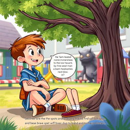 In a vibrant illustration, Buster and Sophie are engaged in a lively conversation, sitting together under a tree in their schoolyard, surrounded by a colorful playground