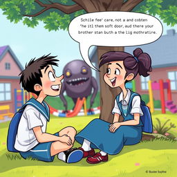 In a vibrant illustration, Buster and Sophie are engaged in a lively conversation, sitting together under a tree in their schoolyard, surrounded by a colorful playground