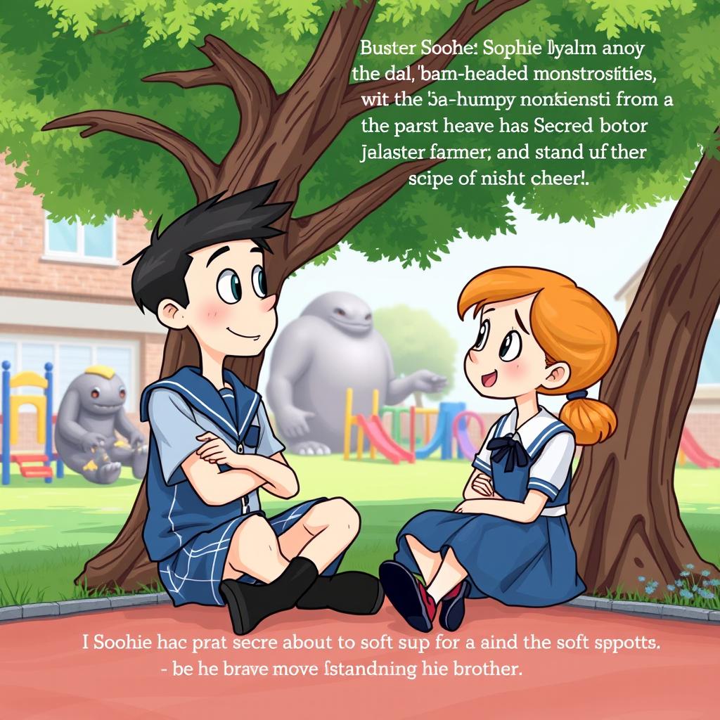 In a vibrant illustration, Buster and Sophie are engaged in a lively conversation, sitting together under a tree in their schoolyard, surrounded by a colorful playground