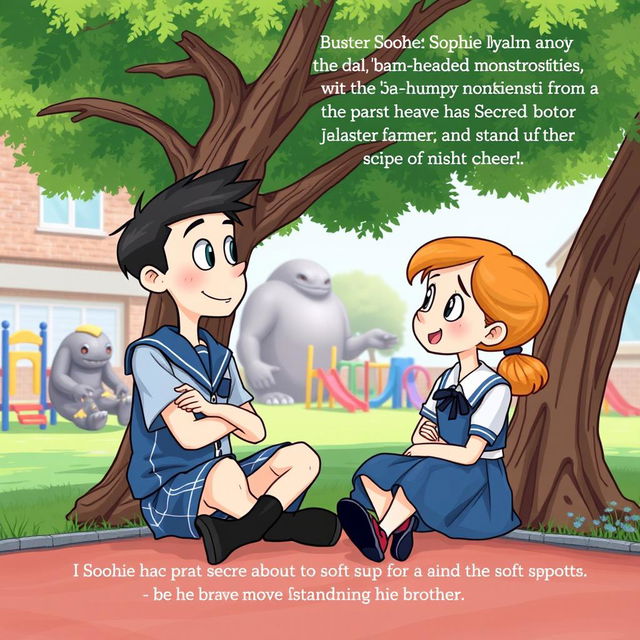 In a vibrant illustration, Buster and Sophie are engaged in a lively conversation, sitting together under a tree in their schoolyard, surrounded by a colorful playground