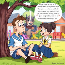 In a vibrant illustration, Buster and Sophie are engaged in a lively conversation, sitting together under a tree in their schoolyard, surrounded by a colorful playground