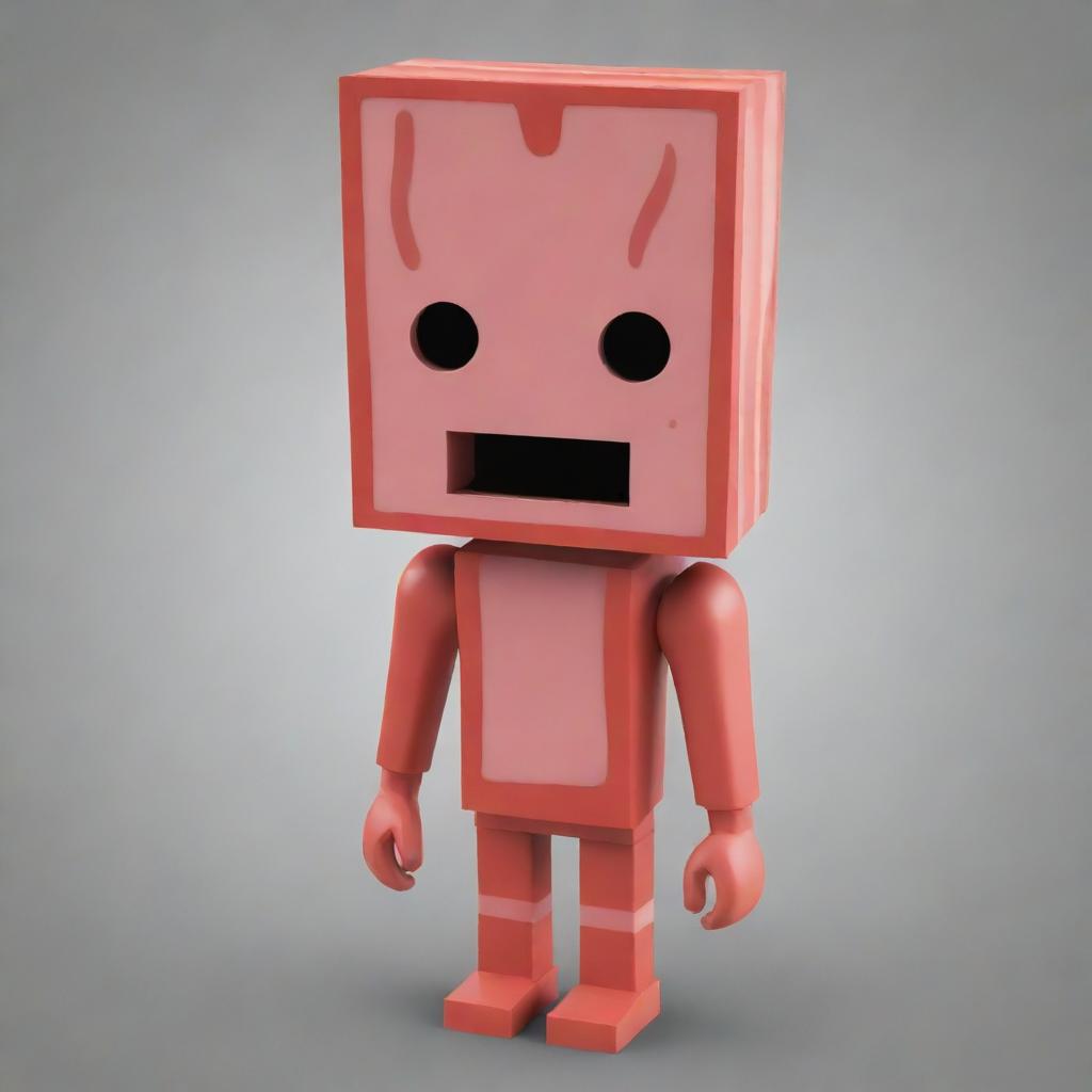 A 3D image of a Roblox character styled as bacon. The avatar has simplistic, block-like features prevalent in the Roblox game and is designed with a bacon themed color palette and elements