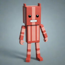 A 3D image of a Roblox character styled as bacon. The avatar has simplistic, block-like features prevalent in the Roblox game and is designed with a bacon themed color palette and elements