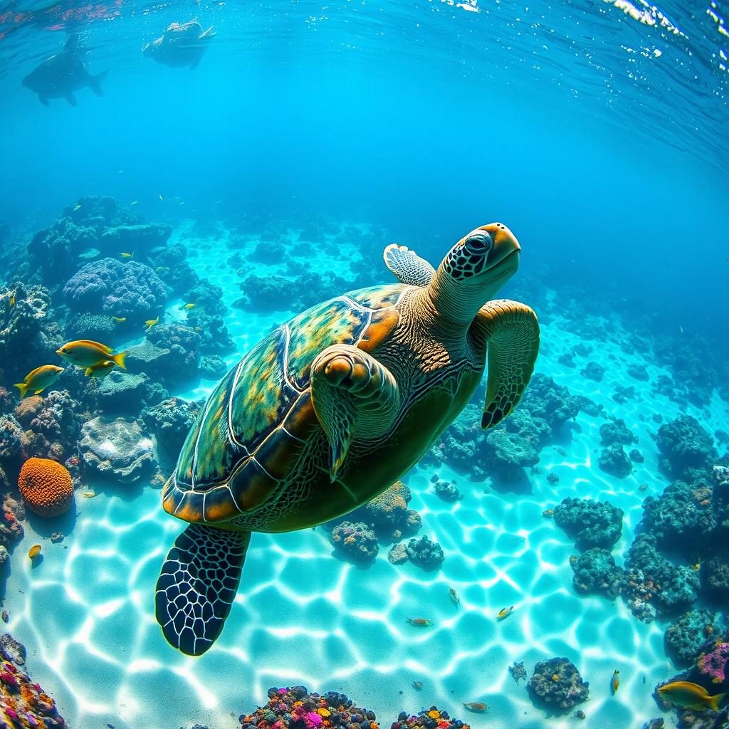 A vibrant green turtle swimming gracefully through crystal clear ocean waters, surrounded by colorful coral reefs and schools of fish