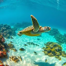 A vibrant green turtle swimming gracefully through crystal clear ocean waters, surrounded by colorful coral reefs and schools of fish