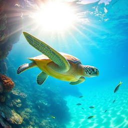 A vibrant green turtle swimming gracefully through crystal clear ocean waters, surrounded by colorful coral reefs and schools of fish