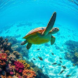 A vibrant green turtle swimming gracefully through crystal clear ocean waters, surrounded by colorful coral reefs and schools of fish