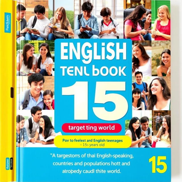 A vibrant and engaging cover for an English textbook targeting teenagers around 15 years old