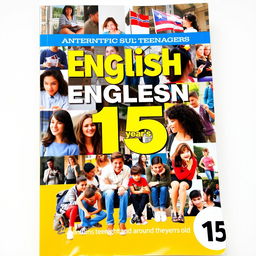 A vibrant and engaging cover for an English textbook targeting teenagers around 15 years old