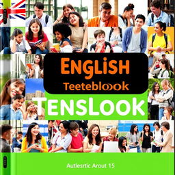 A vibrant and engaging cover for an English textbook targeting teenagers around 15 years old