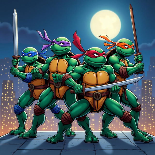 A dynamic scene featuring the four ninja turtles, each in their iconic color - Leonardo in blue with twin swords, Michelangelo in orange wielding nunchucks, Donatello in purple carrying a bo staff, and Raphael in red with his Sai