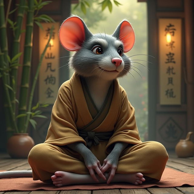 Master Splinter depicted as a wise, humanoid rat character, wearing traditional martial arts robes, sitting in a serene meditation pose