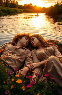 Two young lovers lying together on the banks of a river, their expressions filled with deep emotion and passion