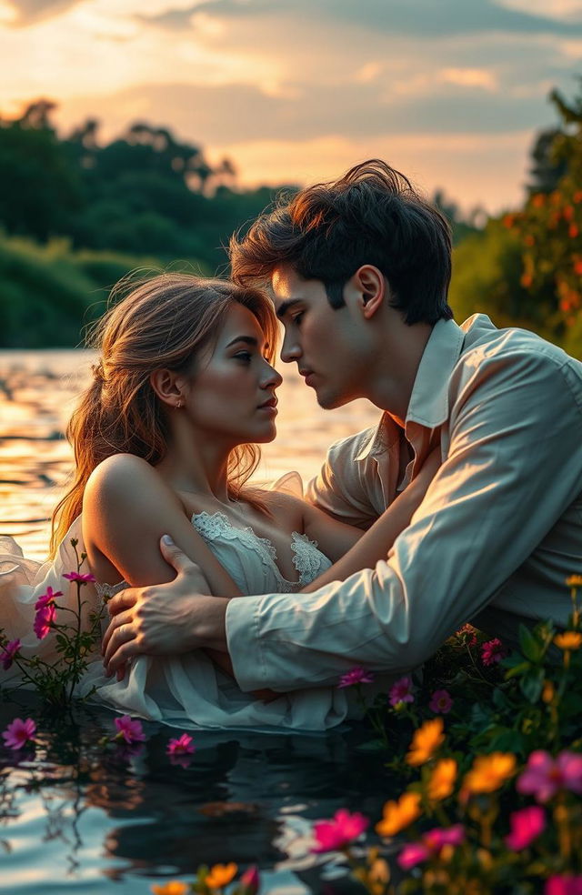 Two young lovers lying together on the banks of a river, their expressions filled with deep emotion and passion